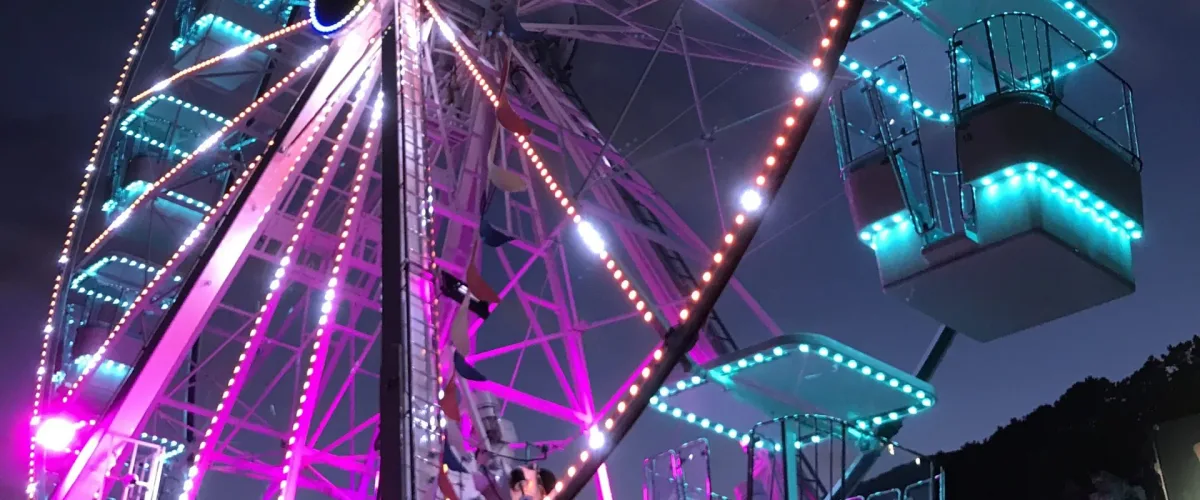 Ferris wheel lit with pink and teal lights at night